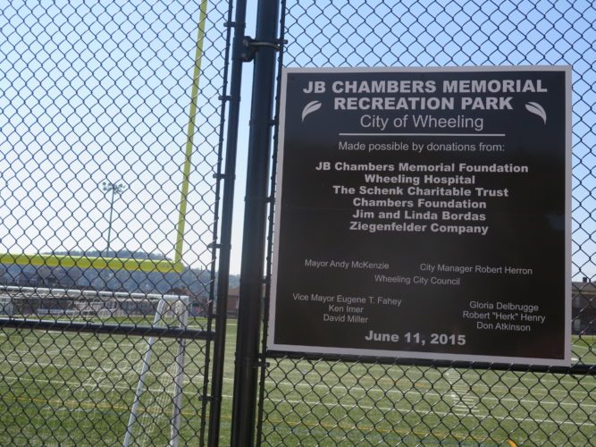 A sign at the J.B. Chambers Sports Complex in East Wheeling displays the donors who contributed to the expense of the project.